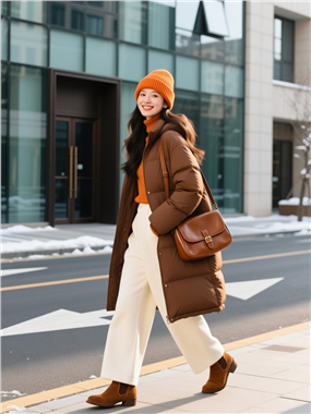 焦糖色羽绒服大衣美女时尚街拍图片